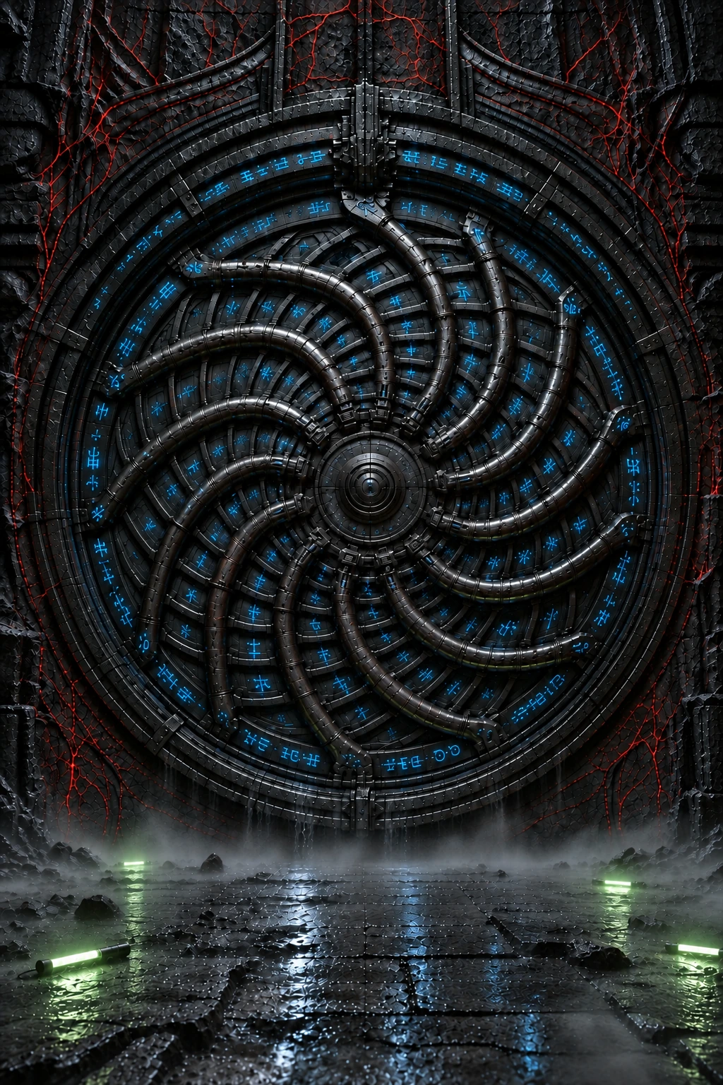 The sealed circular door of the Vault, blue runes glowing in its metal ribs
