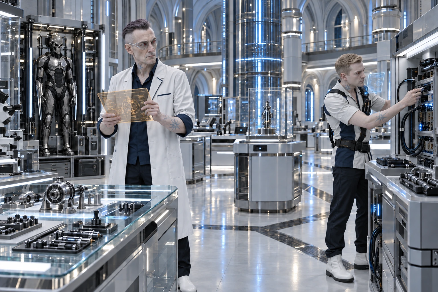 Two Veisik scientists at work in a white cybernetics laboratory, a suit of Death Head armor standing in a display case behind them