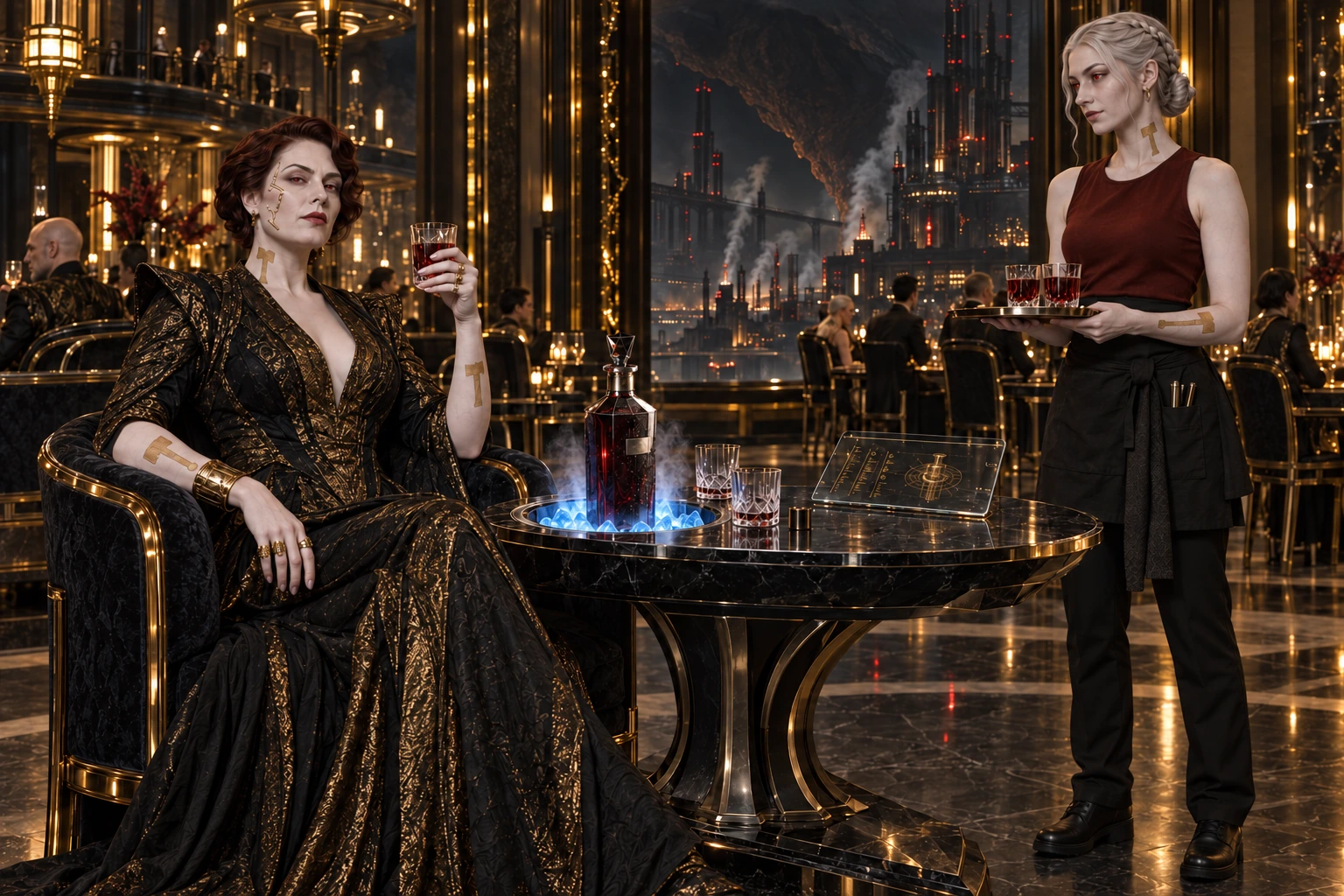 A Provak baroness with a glass of blood in a gilded lounge, a liveried server beside her and the smoking foundries of Vulcaneum through the window