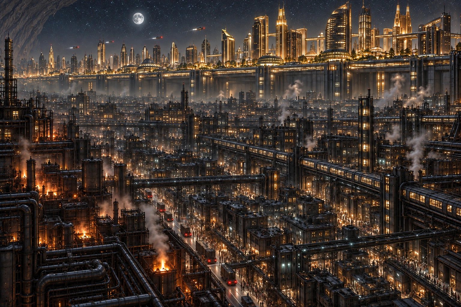 Aerial view of Vulcaneum — gold corporate spires above, a haze stratum, and the orange foundry glare below
