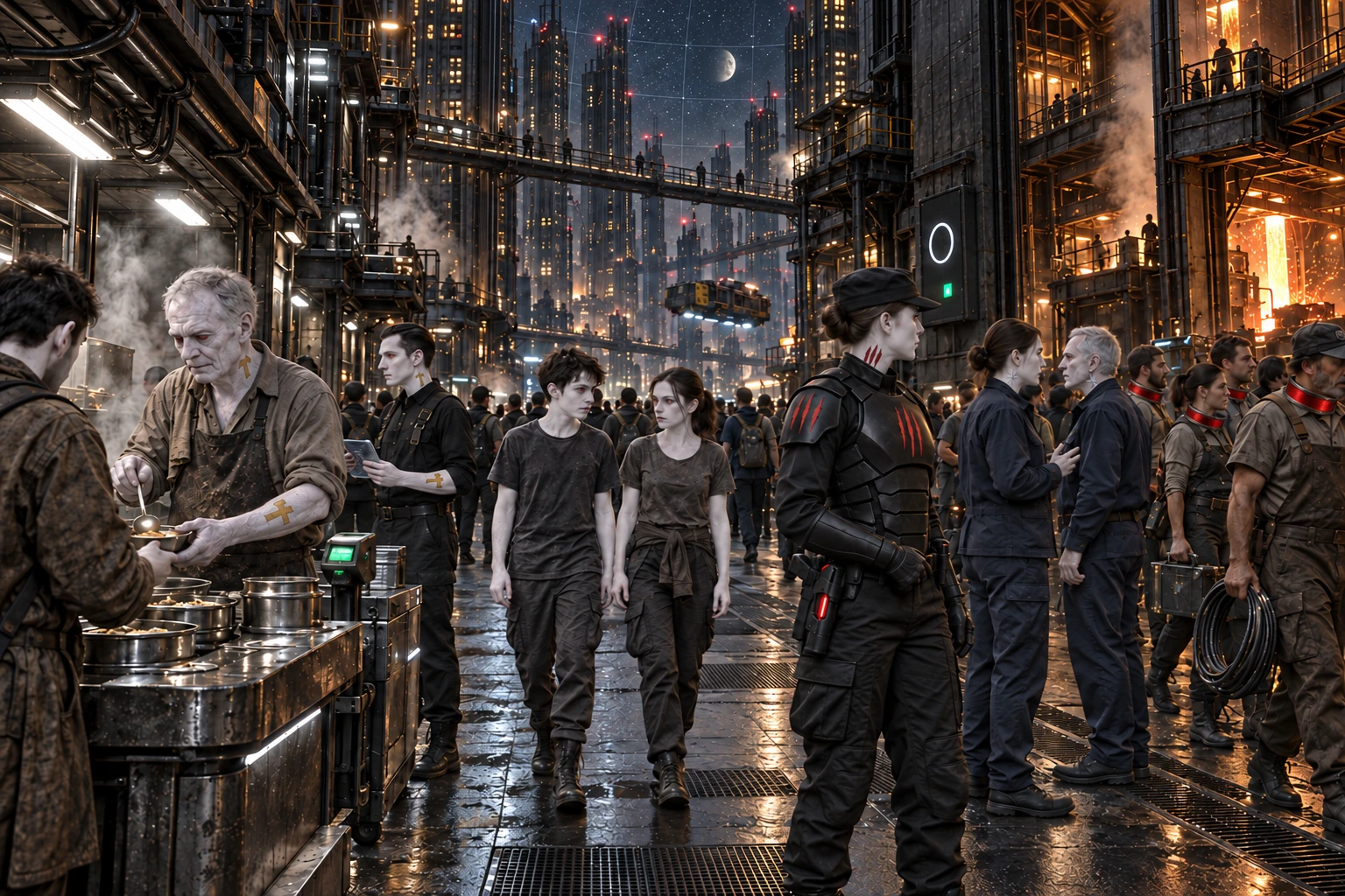 The industrial level of Vulcaneum — Provak laborers in worn work gear, a food vendor at his steaming pots and an armored Sabre trooper on the wet street, foundry glare behind them